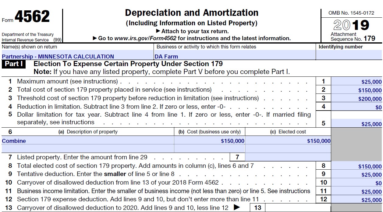 Partnership’s Minnesota Form 4562 — Example 2 