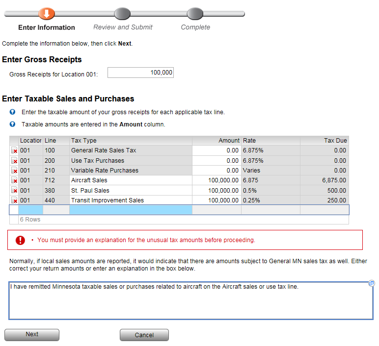 A sample explanation for errors when reporting aircraft sales or use tax
